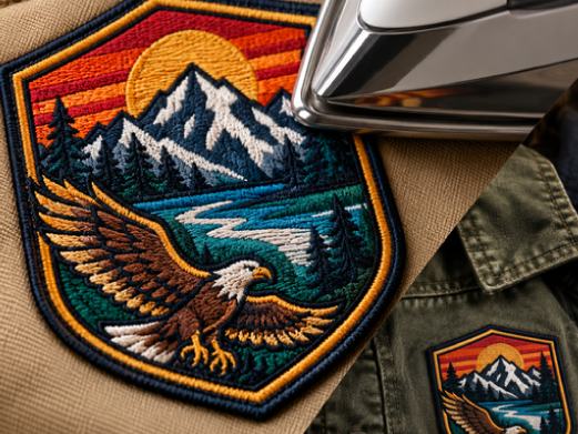 Custom embroidered iron-on patch being applied to clothing with a heat iron
